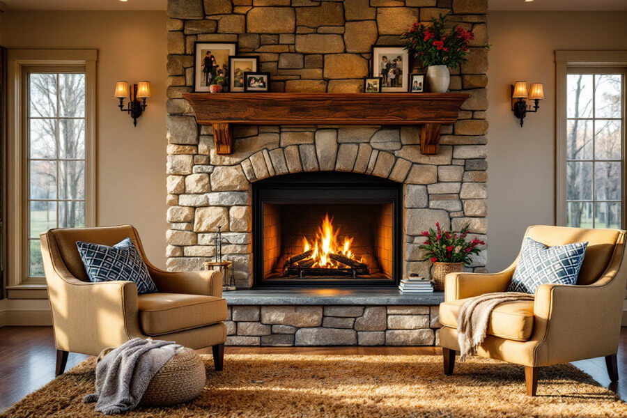 comfy stone fireplace