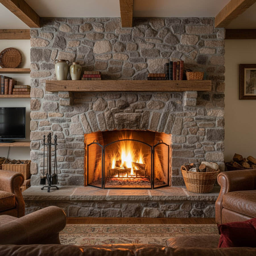 fieldstone fireplace